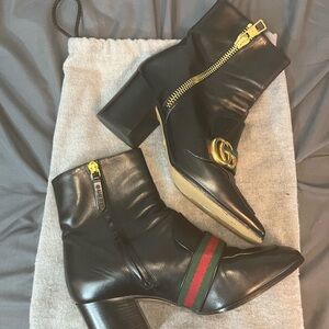 Gucci Black Leather Ankle Boots with Gold Zipper